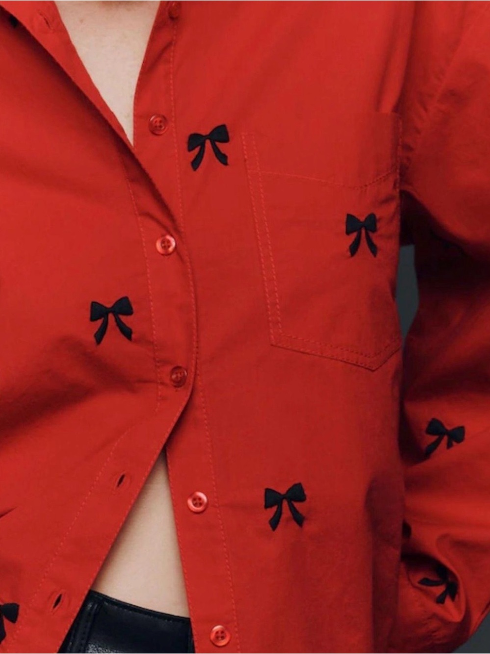 Anthropologie Maeve Red Button-Down Shirt with Black Bow Accents Small NWT - Picture 6 of 9